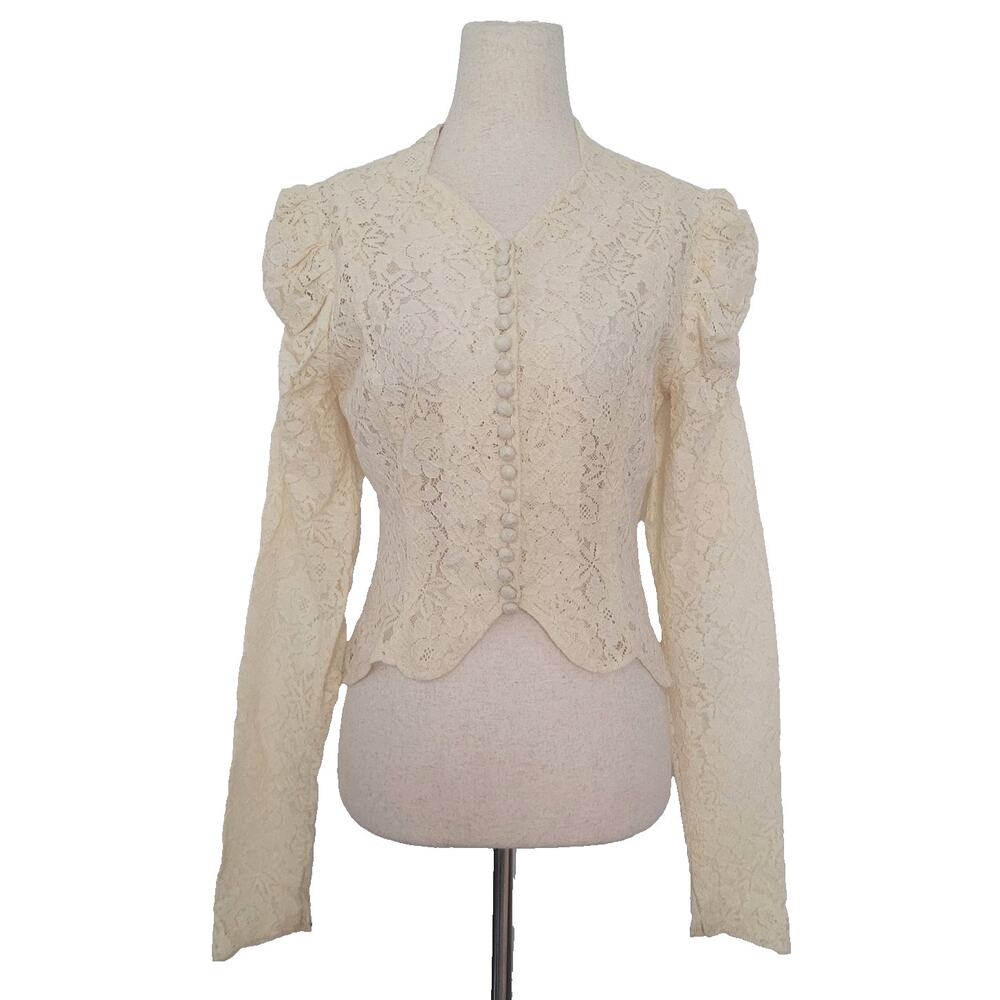 VTG Floral Lace Puff Sleeve Button Top Size S Ivory Victorian Edwardian Romantic
